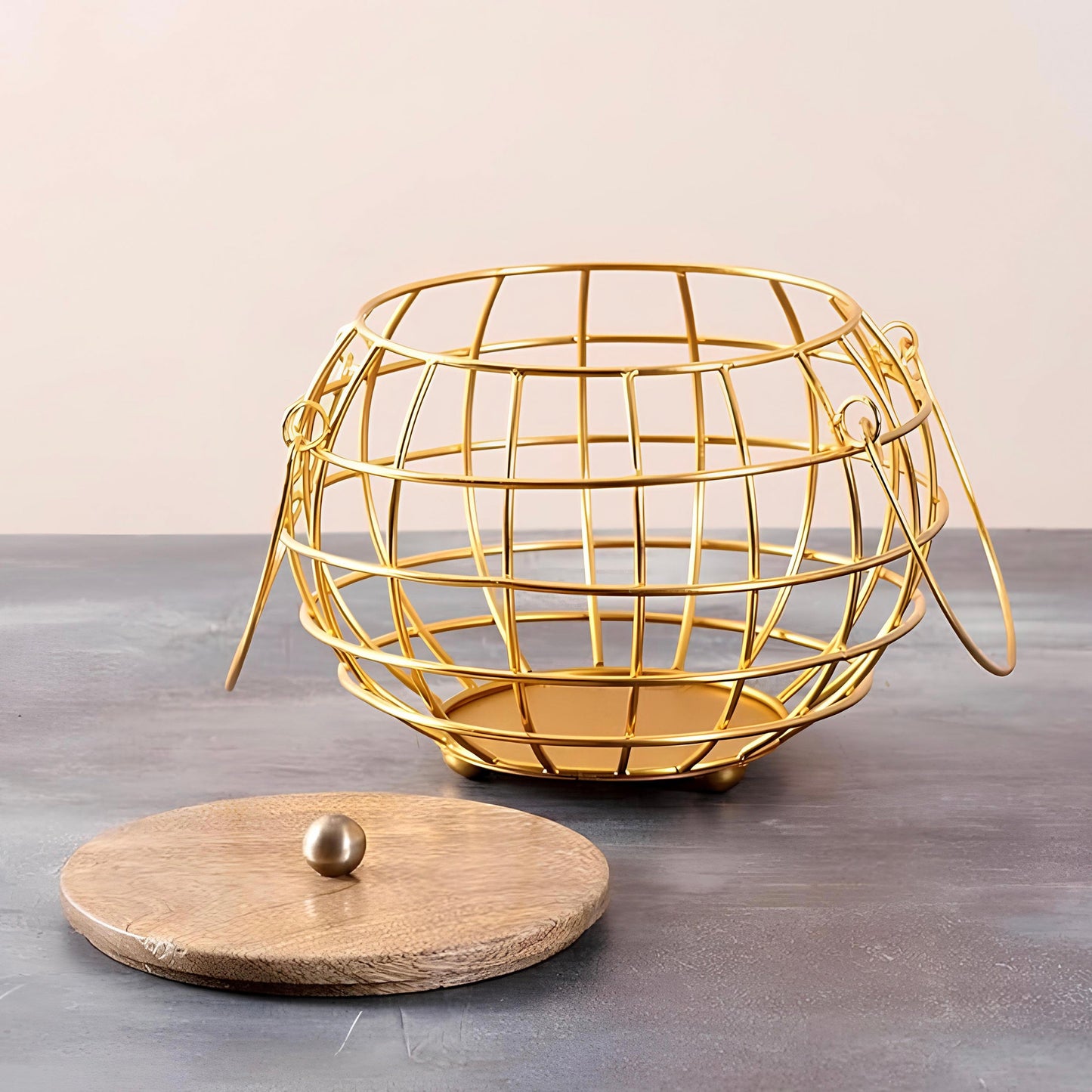 Golden Multipurpose Basket with Wooden Lid & Handles by Matrix