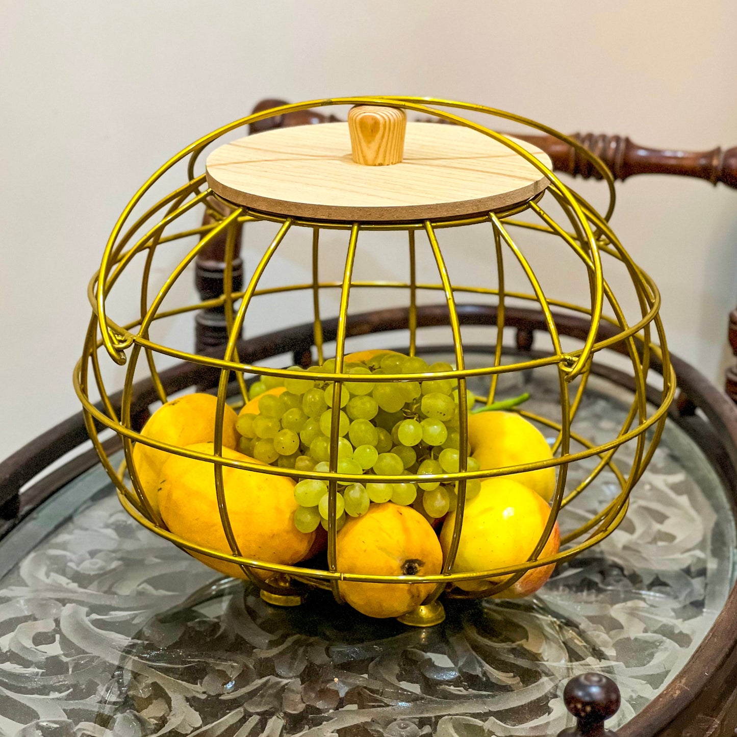 Golden Multipurpose Basket with Wooden Lid & Handles by Matrix