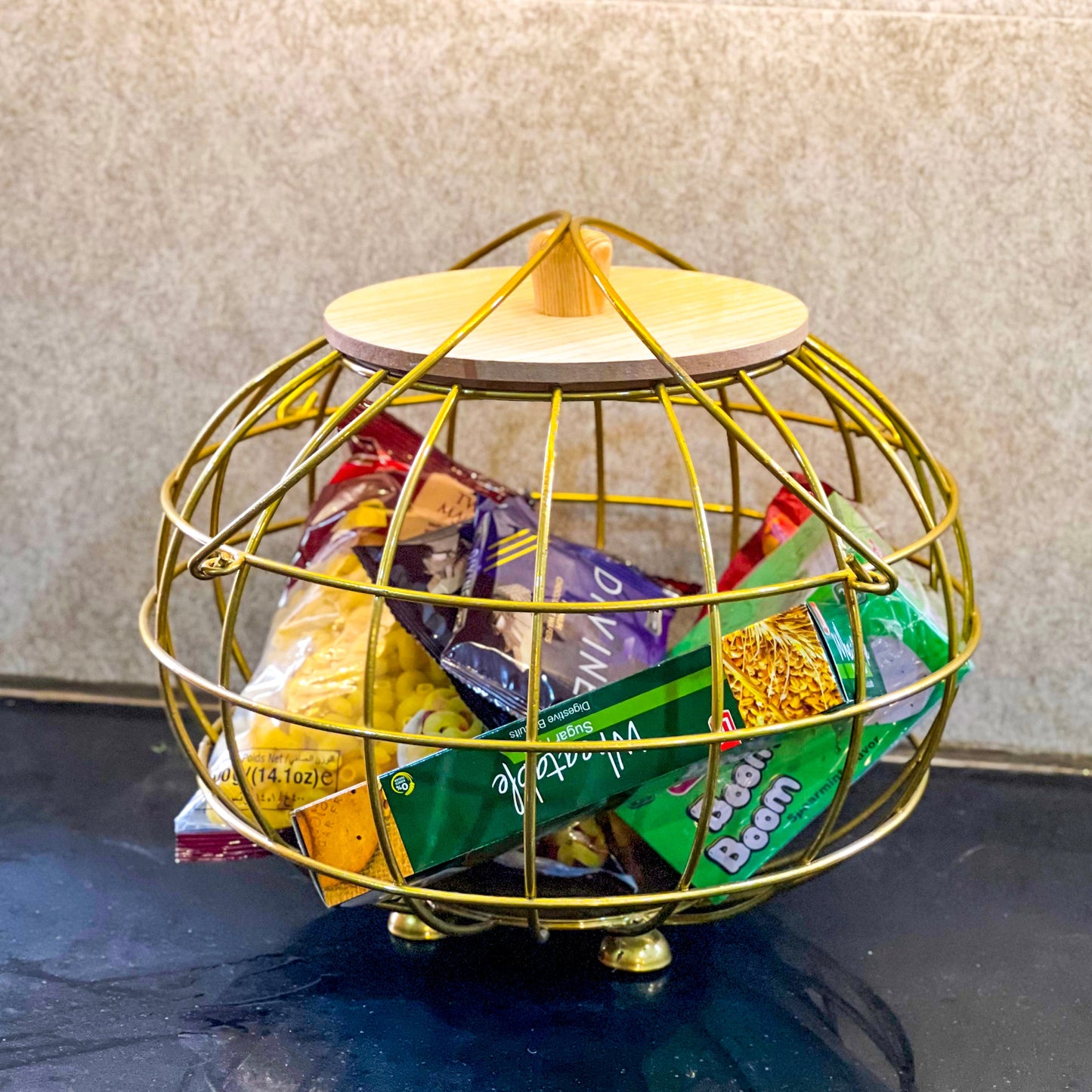 Golden Multipurpose Basket with Wooden Lid & Handles by Matrix