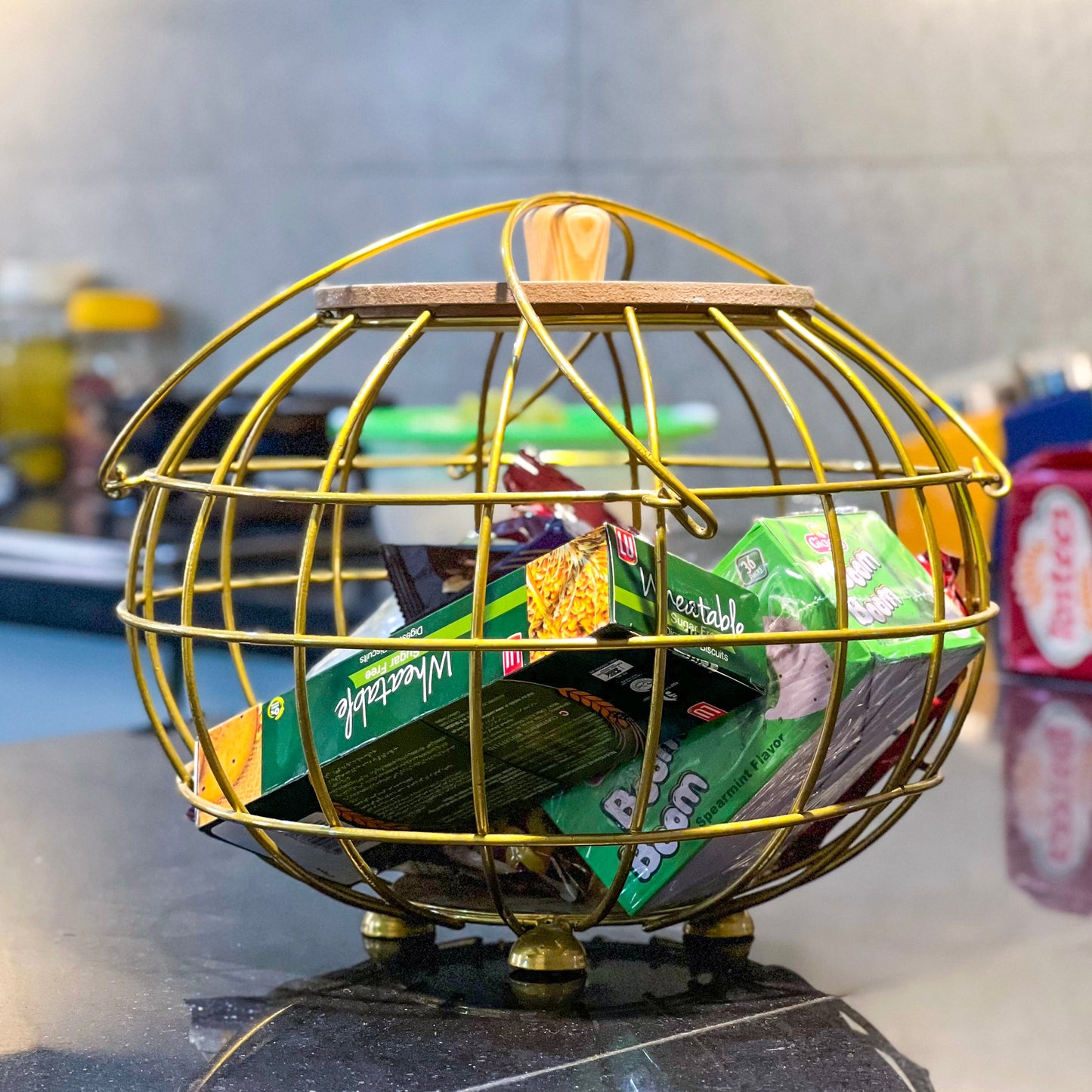 Golden Multipurpose Basket with Wooden Lid & Handles by Matrix