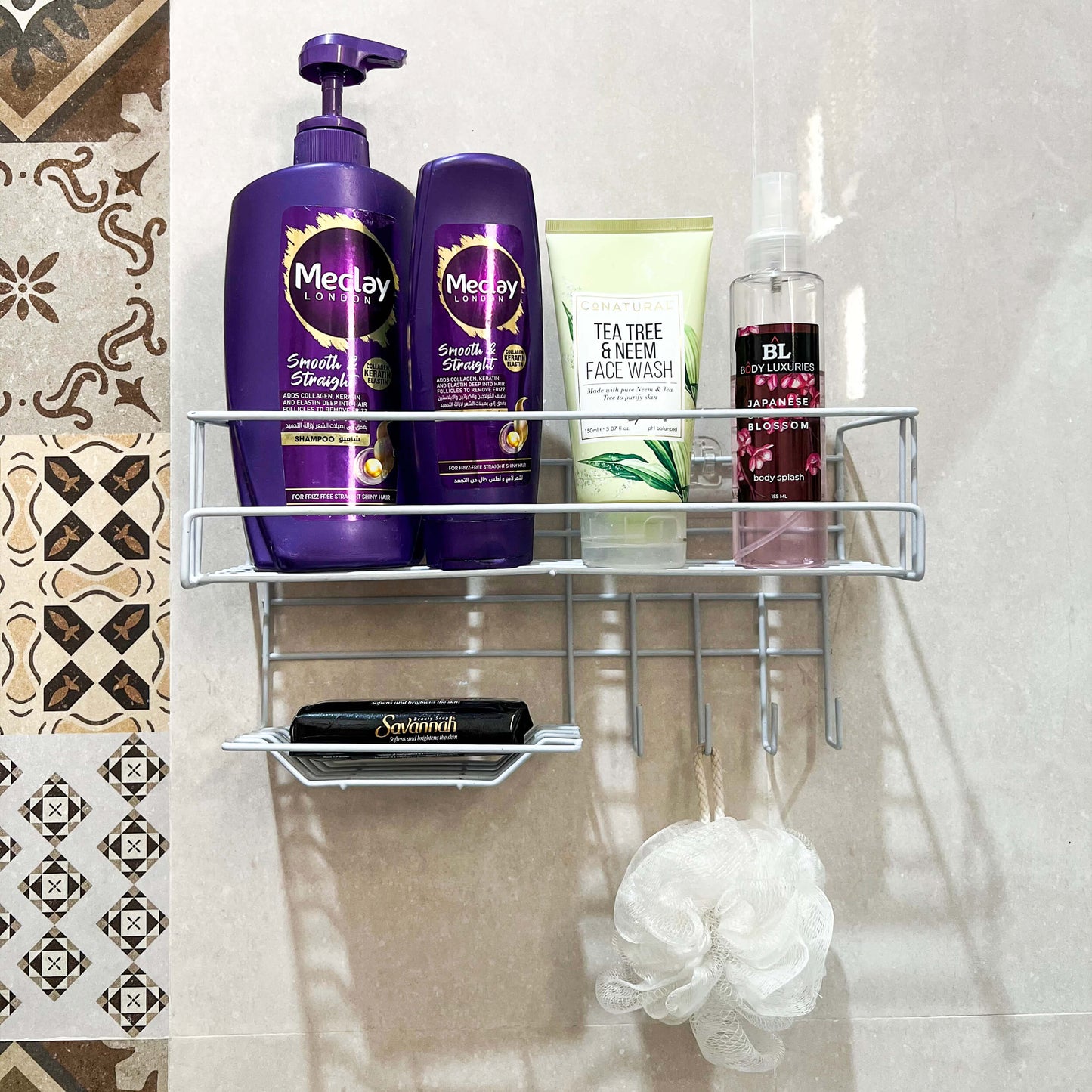 Bathroom Storage Shelf with Hooks and Soap Dish