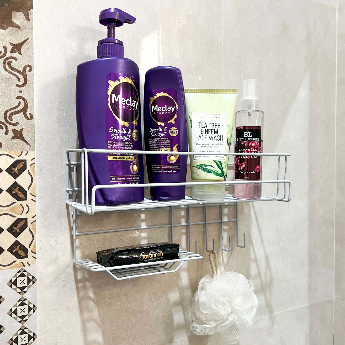 Bathroom Storage Shelf with Hooks and Soap Dish